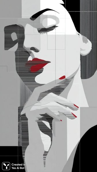 Задумчивое лицо в стиле модерн с яркой помадой. Нейросеть Midjourney