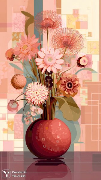 Яркий вазон с цветами на фоне геометрических узоров и пастельных тонов. Генерация из нейронной сети Миджорни