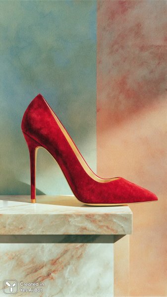 Элегантная туфля из красного бархата на высоком каблуке. Изображение из нейронной сети Миджорни