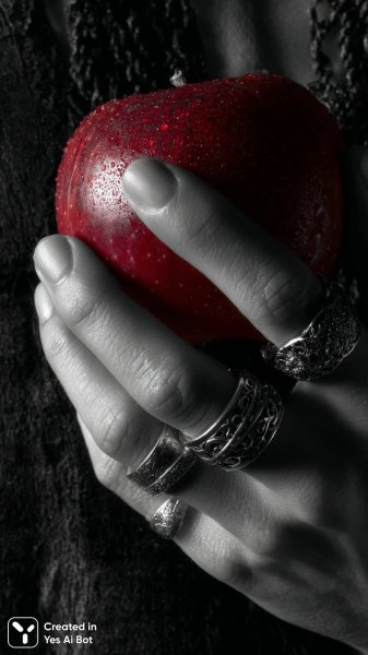 Изящные кольца и сочное яблоко в руке. Изображение из нейронной сети Миджорни