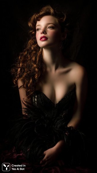 Элегантность и драма: портрет юной женщины в красном вечернем платье с кудрями. Картинка из нейросети Midjourney