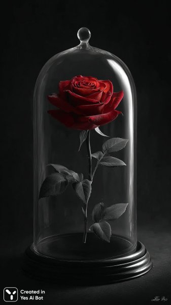 Красная роза в хрустальном куполе – символ вечной романтики и изящества. Изображение из нейронной сети Midjourney