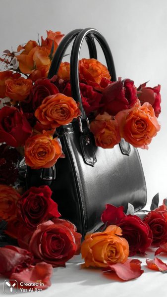 Изысканный натюрморт с кожаной сумочкой и красными розами. Изображение из нейронной сети Midjourney