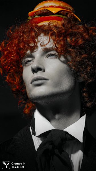 Серьезный мужчина в смокинге с гамбургером на голове. Нейросеть Midjourney