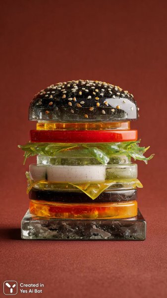 Яркий бургер из стекла: красочный и необычный взгляд на десерт. Картинка из нейронной сети Midjourney