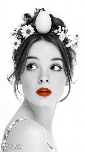 Неожиданный сюрприз: женщина с яйцом и цветами на голове. Изображение из нейронной сети Midjourney