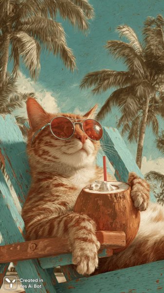 Котик на пляже с кокосом и солнечными очками. Изображение из нейронной сети Midjourney