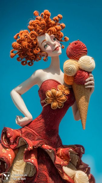 Игривая скульптура с мороженым и ярким небом. Изображение из нейросети Миджорни