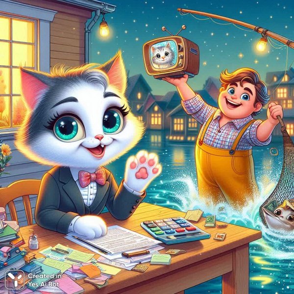 Бухгалтерша, рыбак и телевизор: сюрреалистичный комикс о странном доме. Генерация из нейронной сети Dalle 3