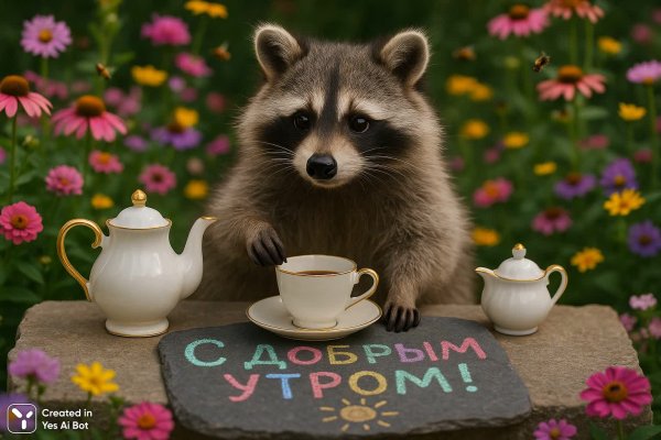 Утро в саду: милый енот и миниатюрный чайный сервиз среди цветов. Изображение из нейронной сети Sora Images