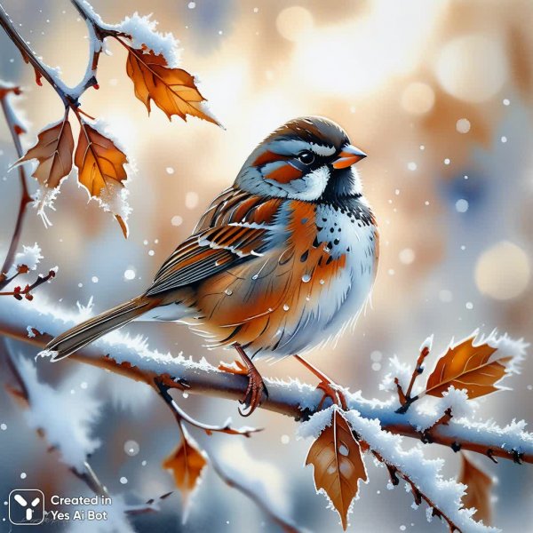 Зимняя акварель: пушистый воробей на заснеженной ветке в стиле Курбатова. Нейронная сеть Stable Diffusion