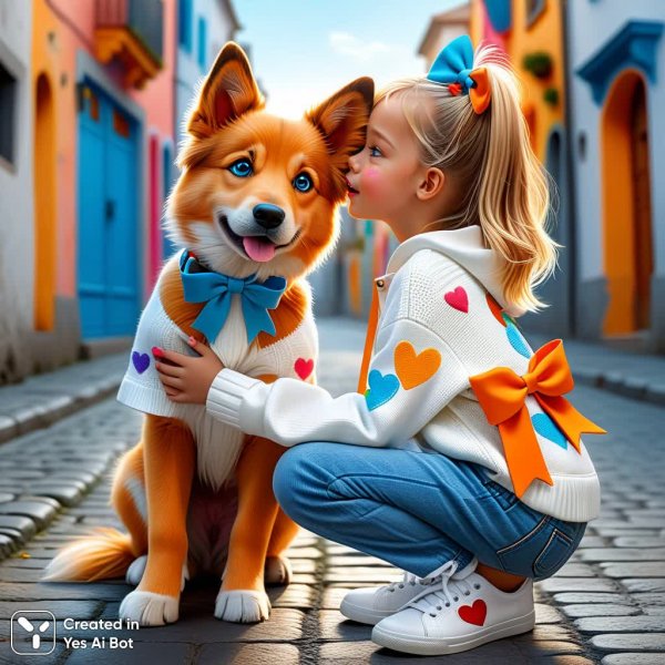 Девочка и уличный пёс: трогательный момент в ярких красках. Изображение из нейросети Стейбл Дифьюжен