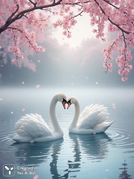 Весенняя идиллия: лебеди на пруду в нежной дымке рассвета. Генерация из нейросети Flux