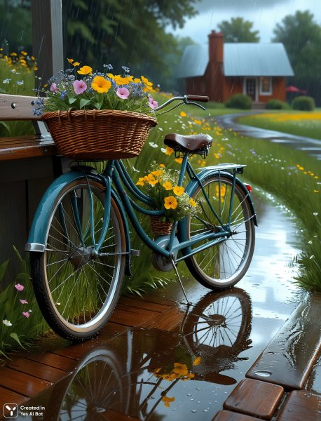 Осенняя романтика: велосипед в парке под дождем. Генерация из нейросети Stable Diffusion