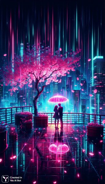 Неоновый сад на крыше: романтика будущего в стиле киберпанк. Изображение из нейросети Dalle