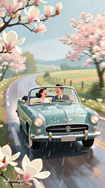 Весенняя поездка на ретро-автомобиле под дождем. Генерация из нейросети Qwen