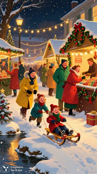 Зимняя радость и праздничное настроение в стиле Нормана Роквелла. Генерация из нейросети Qwen Ai Images