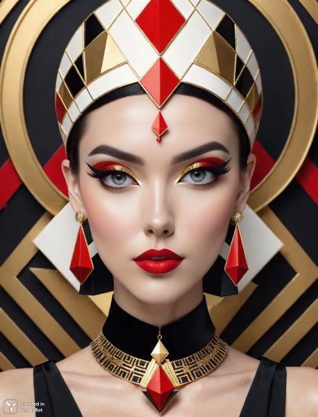 Элегантный портрет в стиле ар-деко с золотыми акцентами и яркой палитрой. Изображение из нейросети Stable Diffusion