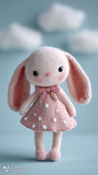 Милый вязаный зайчик в розовом платье с облаками. Нейросеть Миджорни