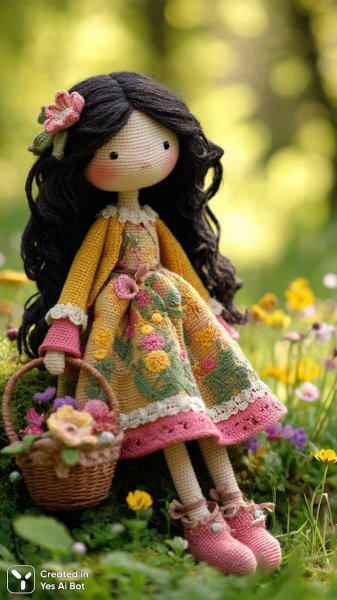 Кукла амігуручі у жовтій сукні з мереживом та квітковим кошиком. Нейросеть Midjourney