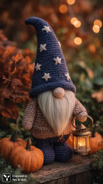 Вязаный гном с фонарем в осеннем пейзаже: уютная атмосфера и теплая цветовая гамма. Генерация из нейросети Миджорни