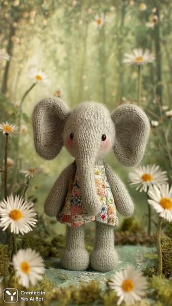 Слоновик из пряжи: милый амигуруми с ярким одеялом и ромашками. Генерация из нейронной сети Midjourney