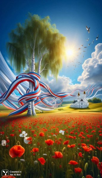 Летний пейзаж: береза, маки и церковь в золотом свете солнца. Генерация из нейросети Dalle 3