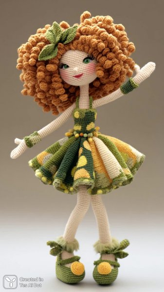 Игривая кукла амигуруми с рыжими локонами и ярким платьем. Изображение из нейросети Миджорни