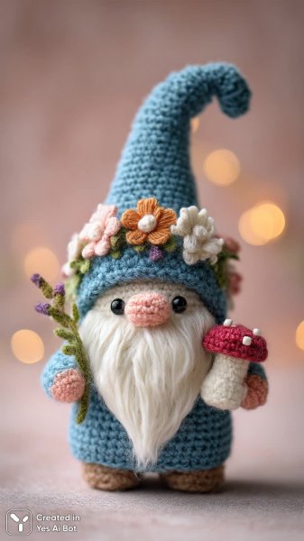 Забавный гном с голубой шапкой и белой бородой, держащий гриб. Картинка из нейронной сети Midjourney