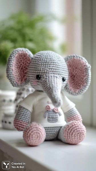 Милый вязаный слоник в лавандовой одежде и с розовыми деталями. Изображение из нейронной сети Midjourney