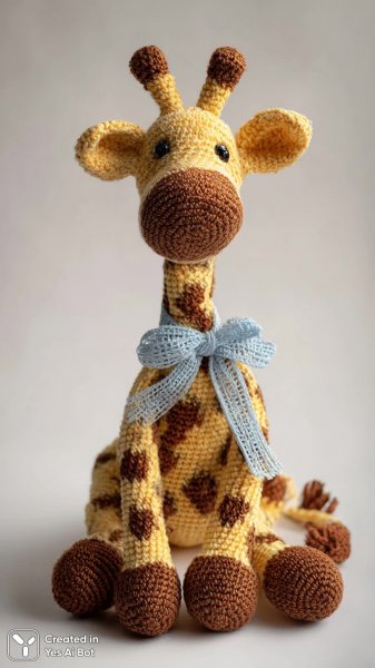 Милый вязаный жирафчик: очаровательная игрушка ручной работы с бантиком. Нейросеть Midjourney