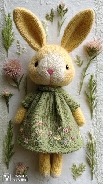 Милый плюшевый зайчик из желтой пряжи в зеленом платье на цветочной лужайке. Нейросеть Миджорни
