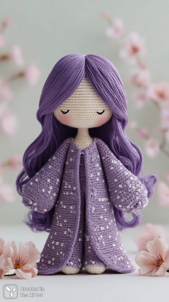 Милая кукла амигуруми в фиолетовом платье с белыми пятнышками. Генерация из нейронной сети Миджорни