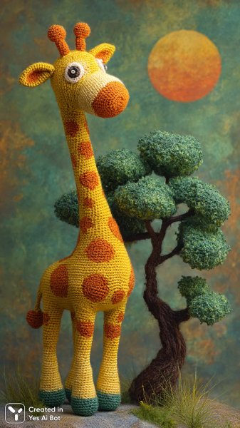 Вязаный жираф в лучах волшебного заката из разноцветных нитей. Нейросеть Midjourney
