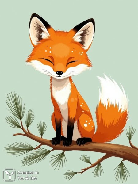 Лиса на ветке сосны: спокойствие и красота природы в цифровом искусстве. Изображение из нейронной сети Flux