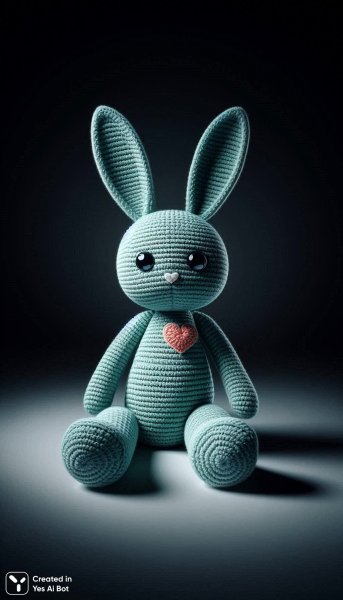 Мягкий заяц ручной работы из нежной мятной пряжи с вышитым сердечком. Изображение из нейронной сети Dalle-3