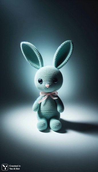 Мятный заяц ручной работы с длинными ушками и розовым бантом. Картинка из нейросети Dalle 3