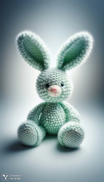 Милый вязаный зайчик из пушистой мятной пряжи с большими ушами и круглой тушкой. Генерация из нейронной сети Далли 3