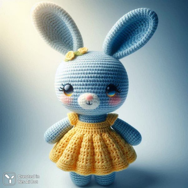 Милый вязаный зайчик с голубыми ушками и желтым платьем. Изображение из нейросети Dalle 3