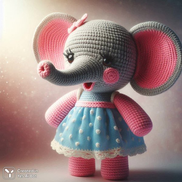 Стильный слон крючком в розово-голубом платье. Нейронная сеть Dalle-3