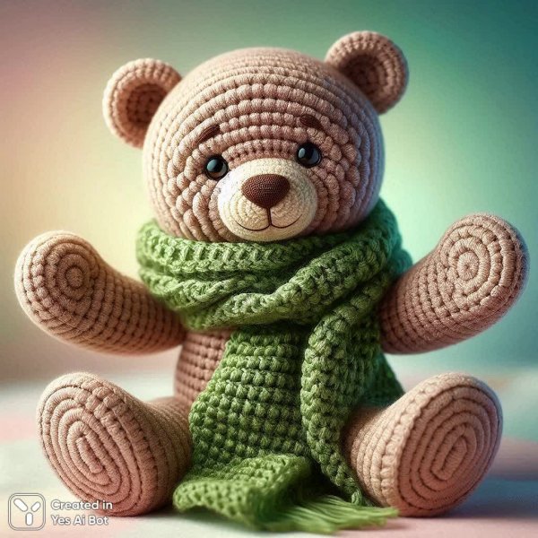 Милый вязаный медвежонок в зеленом шарфе и пастельном фоне. Нейросеть Dalle