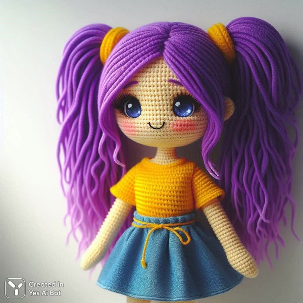 Кукла амигуруми с фиолетовыми косичками и улыбкой. Генерация из нейросети Dalle