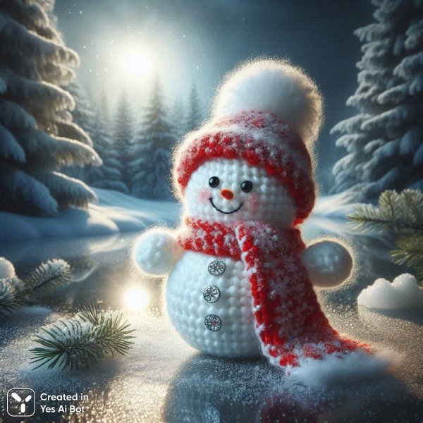 Обворожительный снеговик крючком в зимнем пейзаже. Генерация из нейросети Dalle