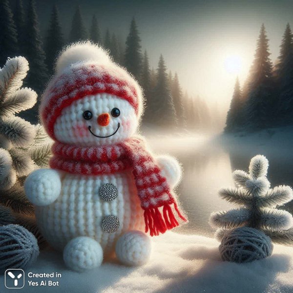 Очаровательный вязаный снеговик в зимнем пейзаже: теплая атмосфера и солнечный свет. Генерация из нейросети Dalle-3