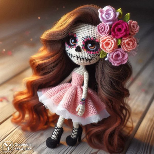 Кукла амигуруми с волнами каштановых волос и цветами на лице. Картинка из нейронной сети Dalle 3
