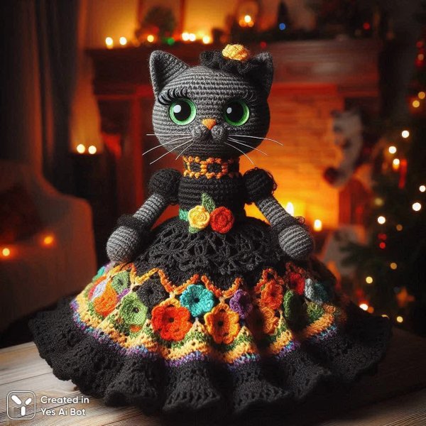 Связанный котик в черном платье: уютное праздничное настроение. Нейронная сеть Dalle