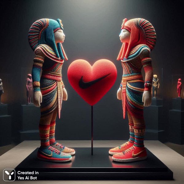 Вязаные фигуры в египетском стиле с сердцем и лого Nike. Изображение из нейросети Dalle 3