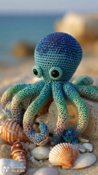 Яркий вязаный осьминог: морской фантазия в красках лета и причудливых узорах рукоделия. Генерация из нейросети Миджорни
