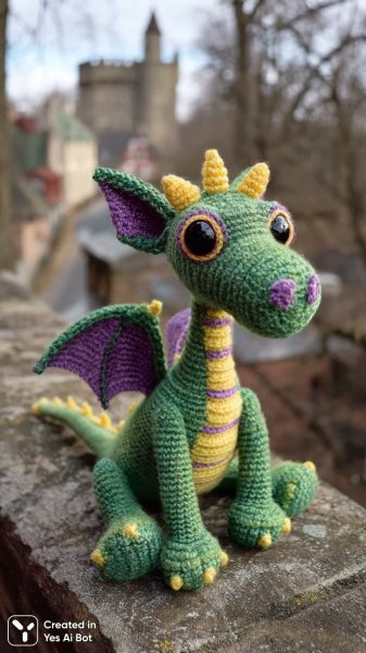 Яркий вязаный дракончик – игрушка из пряжи. Изображение из нейронной сети Миджорни
