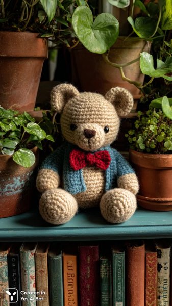 Милый вязаный мишка в шарфике и бантике на книжной полке. Изображение из нейронной сети Миджорни